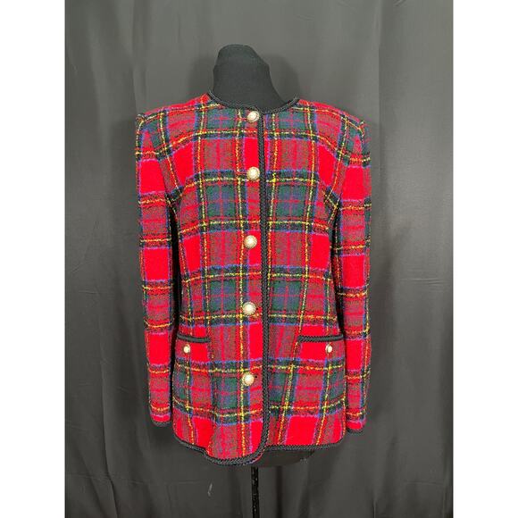 Vintage Red Plaid Talbots Blazer, Pearl Buttons & Black Trim,  Holiday Jacket - Picture 1 of 9